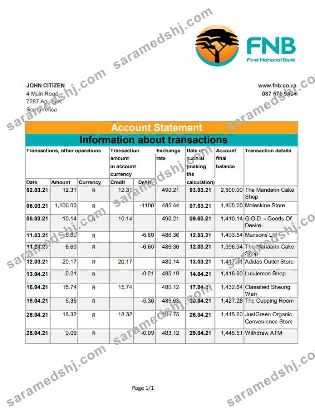 South Africa FNB excel pdf
